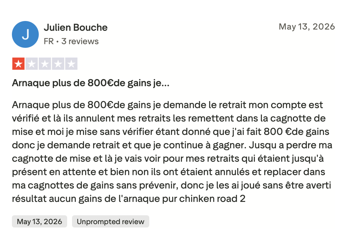 Plainte Trustpilot 1 étoile de Julien Bouche sur un retrait annulé chez AFKSpin